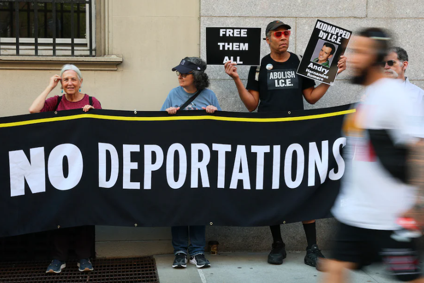 Demonstrators gather outside the Permanent Mission of El Salvador to the United Nations to protest the deportation of migrants without due process. (Michael M. Santiago/Getty Images)