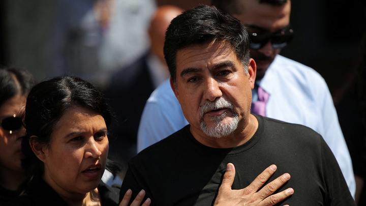 SEIU California and SEIU-USWW union president David Huerta speaks to the media after his release from detention outside the Edward R. Roybal Federal Building, amid federal immigration sweeps in downtown Los Angeles California U.S. June 9 2025.