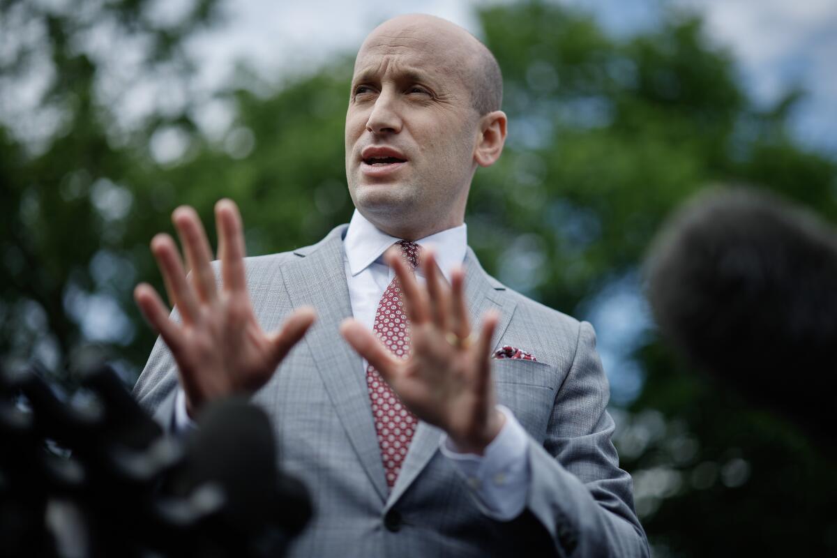 White House deputy chief of staff Stephen Miller talks to reporters outside of the White House West Wing on May 9, 2025 in Washington, D.C.    (Chip Somodevilla / Getty Images)