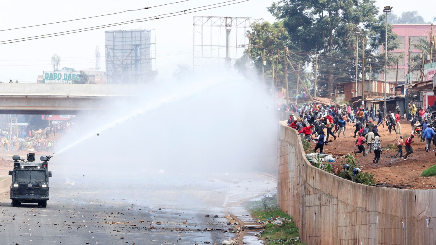 Police use water cannon to disperse protesters during anti-government protests dubbed "Saba Saba People's March," in the Kangemi area of Nairobi on July 7, 2025. Monicah Mwangi/Reuters