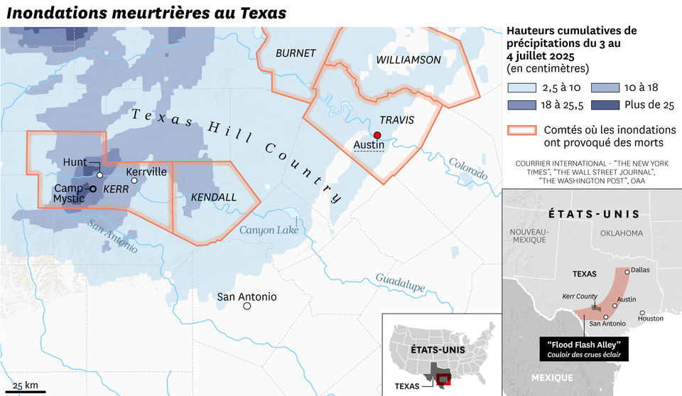 Inondations. Une carte pour visualiser le “couloir des crues éclair” au Texas