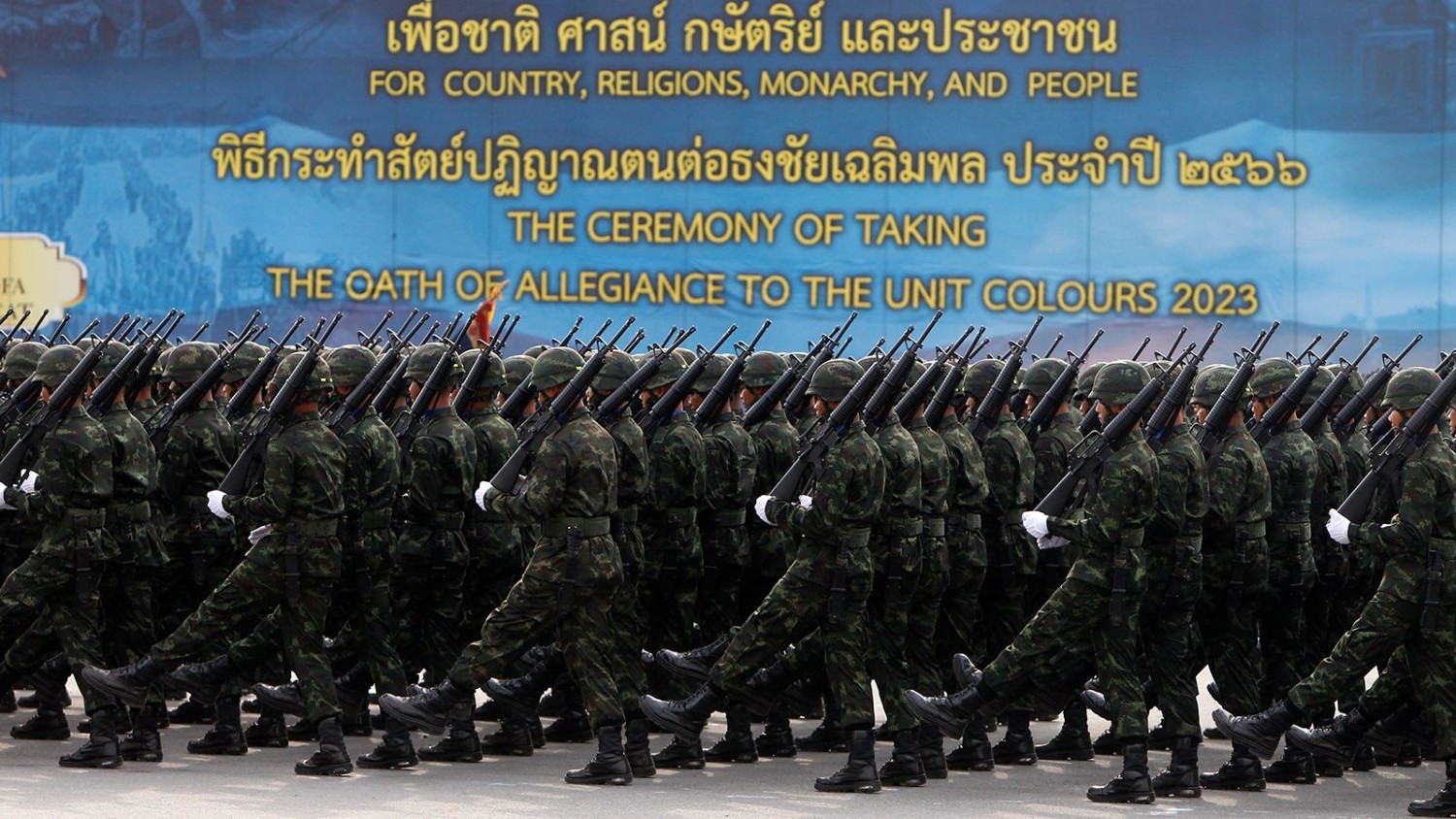 Members of the Thai army take part in Thailand's National Armed Forces Day at the Royal Thai Army Cavalry Center in Saraburi province, Thailand, on January 18, 2023.  Chaiwat Subprasom/SOPA Images/LightRocket/Getty Images