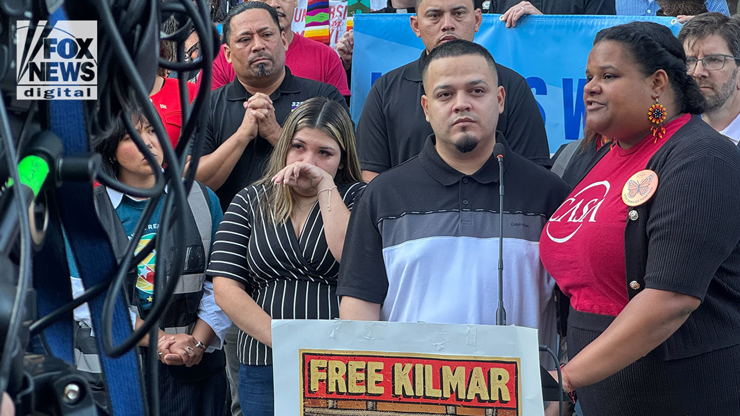 Kilmar Abrego Garcia and his wife, Jennifer, speak to supporters outside of an ICE Field Office in Baltimore, Maryland.  (Breanne Deppisch/Fox News Digital)