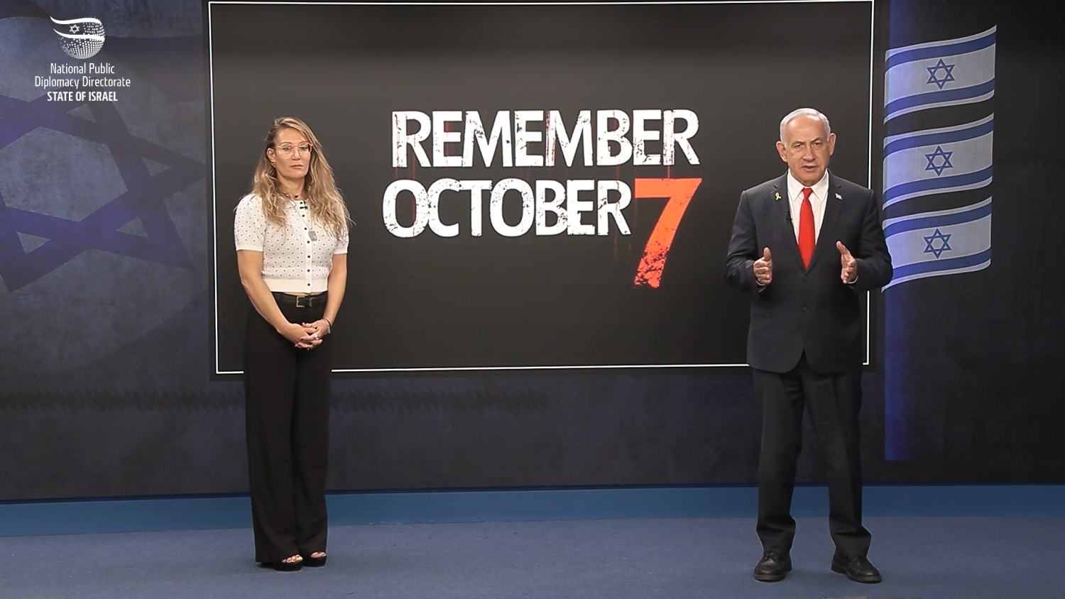 Prime Minister Benjamin Netanyahu and Sabine Taasa in a video to remember October 7. Israeli Government Press Office
