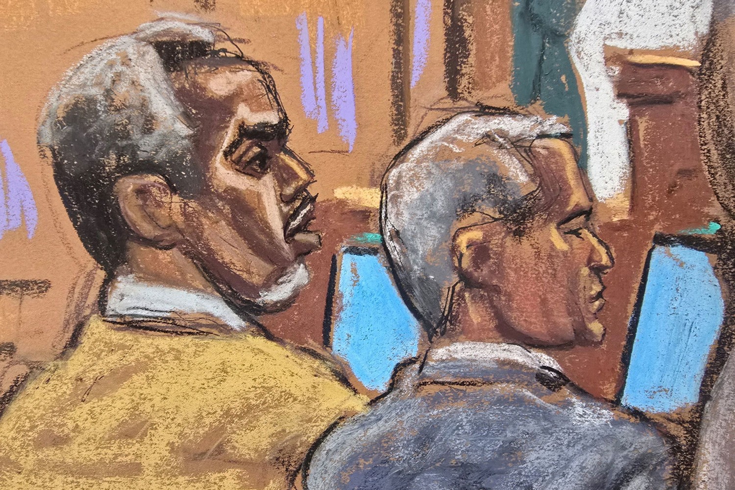 Sean "Diddy" Combs watches as lawyers argue before Judge Arun Subramanian on July 1, 2025, in this courtroom sketch. Jane Rosenberg/Reuters