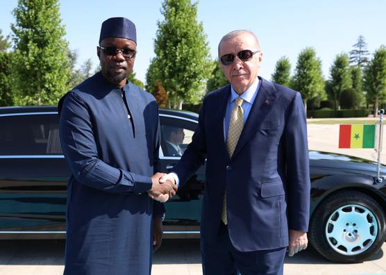 Le premier ministre sénégalais, Ousmane Sonko, et le président turc, Recep Tayyip Erdogan, à Ankara, le 7 août 2025. HANDOUT / AFP