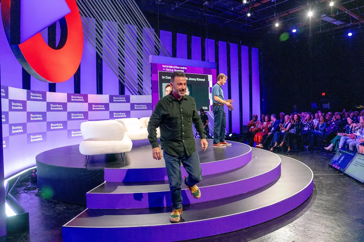 Jimmy Kimmel leaves the stage during the Bloomberg Screentime in Los Angeles.Photographer: Kyle Grillot/Bloomberg