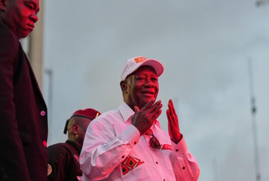 President Alassane Ouattara, running for re-election, at his final campaign rally at Place de la République in Abidjan, Côte d'Ivoire, on October 23, 2025. MISPER APAWU / AP