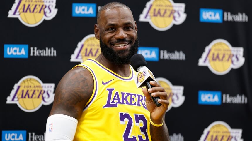 LeBron James speaks with the media during Los Angeles Lakers media day at UCLA Health Training Center on Sept. 29 in El Segundo, Calif. (Ronald Martinez/Getty Images)