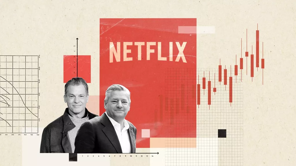 Netflix compte deux directeurs généraux, Greg Peters (à g.) et Ted Sarandos. (Collage Alexia Mayoux pour « Les Echos ».)