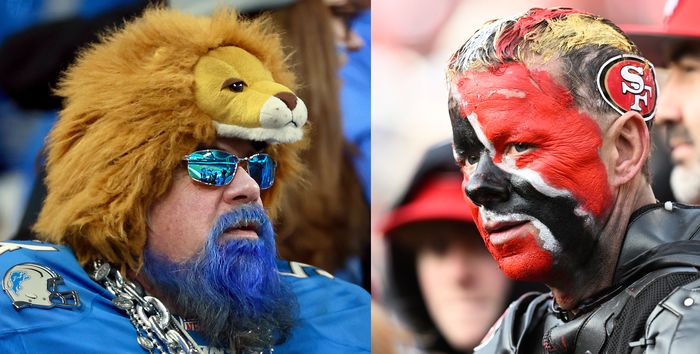 Fans are decked out in the colors—and more—of the Detroit Lions (left) and San Francisco 49ers (right) at recent games. PHOTO: FROM LEFT: AMY LEMUS/NURPHOTO/GETTY IMAGES; GREG FIUME/GETTY IMAGES