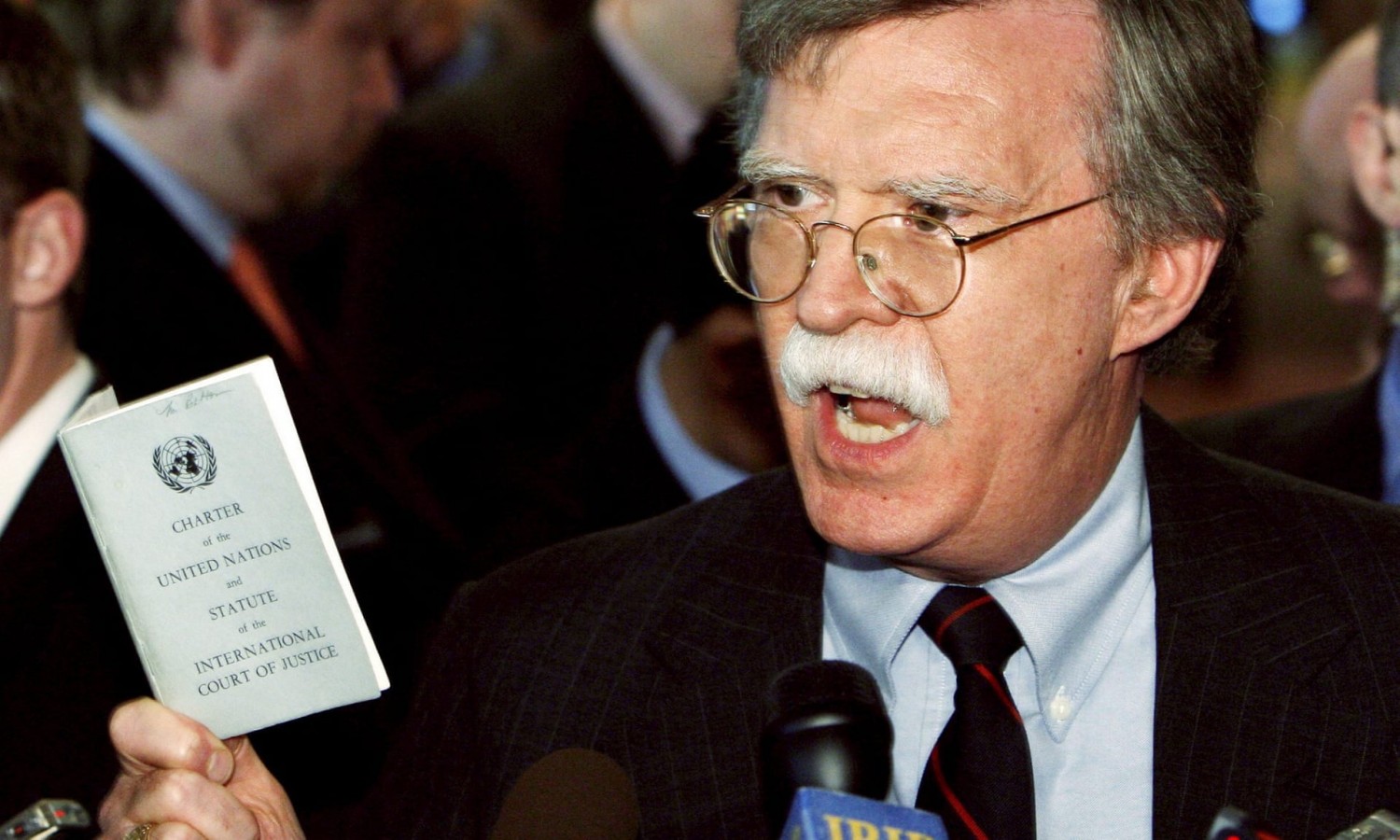  John Bolton in typically pugnacious mood, inveighing against Iran while US ambassador to the United Nations in 2006. Photograph: Justin Lane/EPA