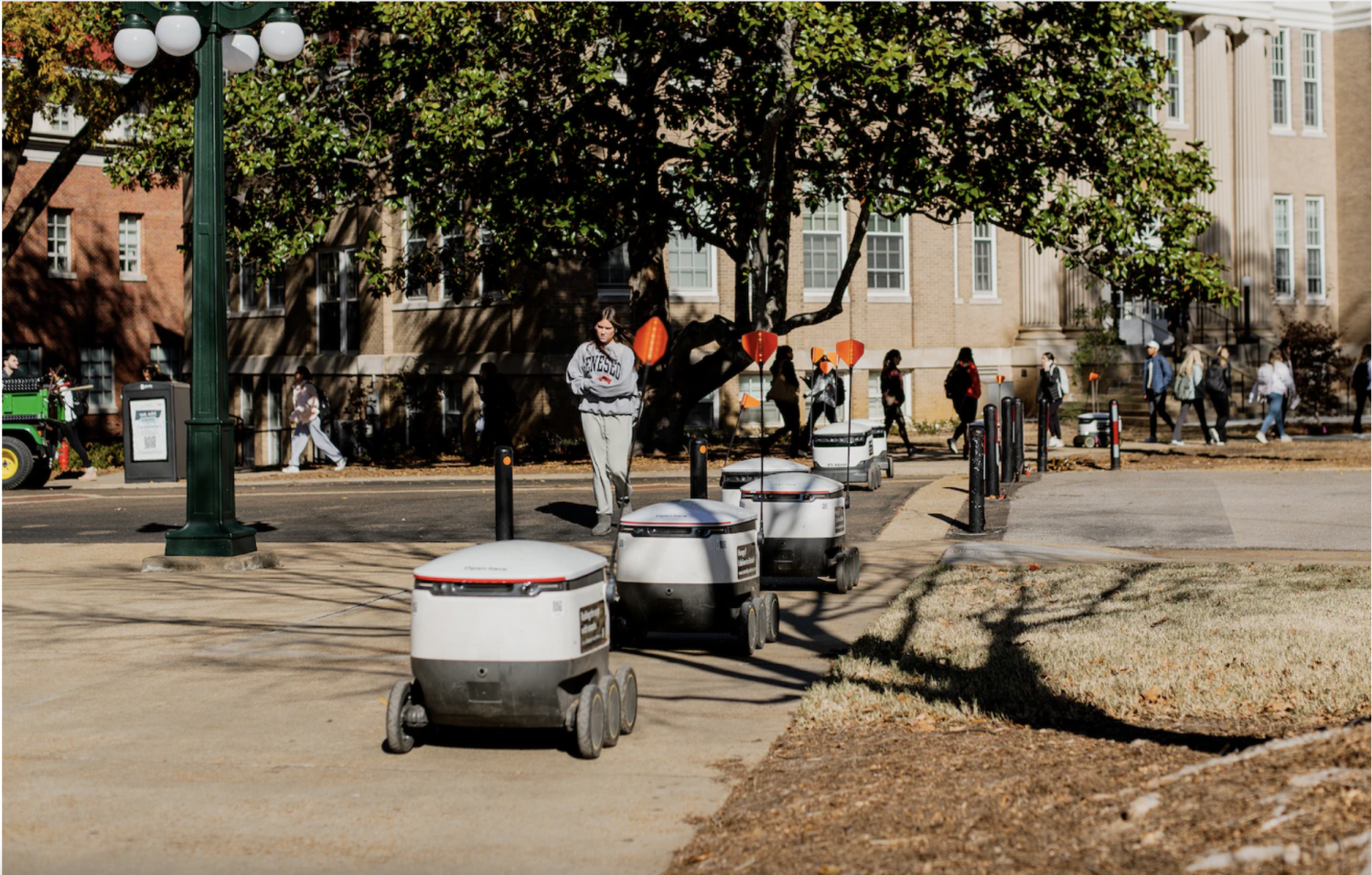 The University of Mississippi is dotted with small motorized robots called 'Starships' that deliver food and other conveniences across the university's campus. (Houston Cofield for The Washington Post)