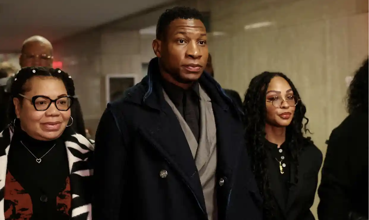 Jonathan Majors arrives with Meagan Good for the jury selection in his assault and harassment case in New York in December. Photograph: Shannon Stapleton/Reuters