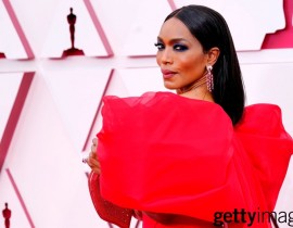 Angela Bassett walks the Oscars red carpet outside Union Station in Los Angeles. Bassett voiced one of the characters in "Soul," which won the Oscar this year for best animated feature film.
