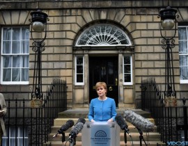 Scotland’s First Minister and leader of the Scottish National Party Nicola Sturgeon addresses the media after holding an emergency Cabinet meeting at Bute House in Edinburgh. Ms. Sturgeon said she would seek immediate discussions with Brussels to pro